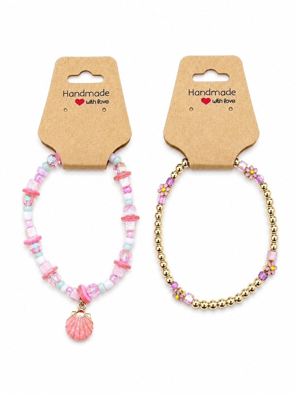 Handmade Pink Beach Bracelet Set Shell Charm Stretch Bracelets Set of 2